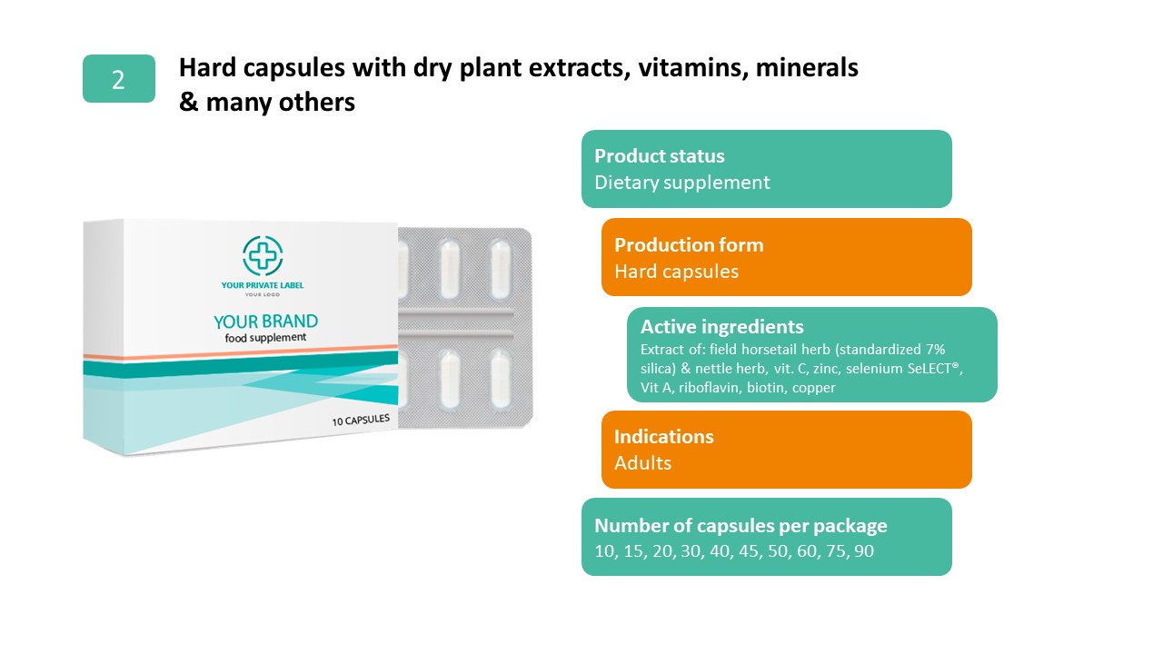hard capsules with dry plant extracts, vitamins, minerals